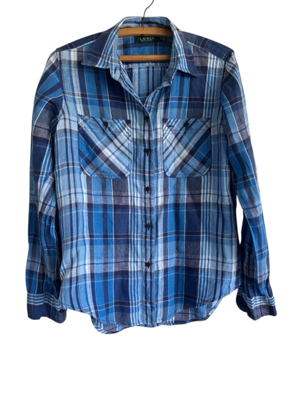 LAUREN RALPH LAUREN Womens 
100% Linen Plaid Button Up Shirt Blue
Classic Spring